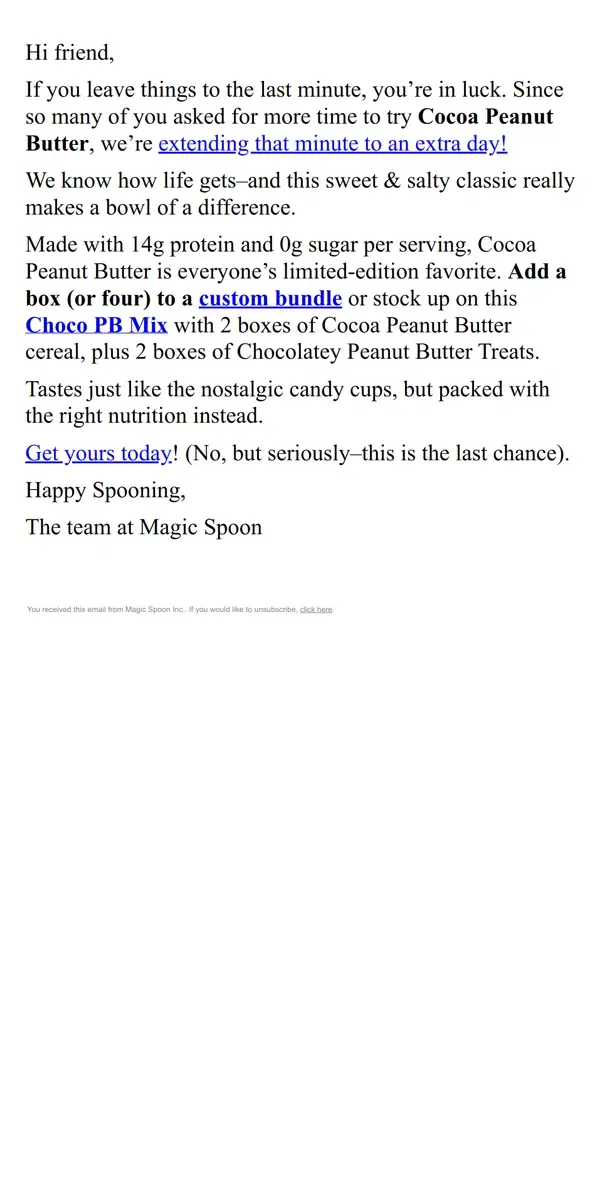 Email from Magic Spoon Cereal. Update on Cocoa Peanut Butter...