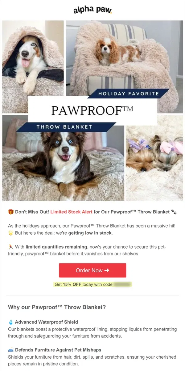 Email from Alpha Paw. 🚨 Limited Stock Alert: Pawproof™ Throw Blanket