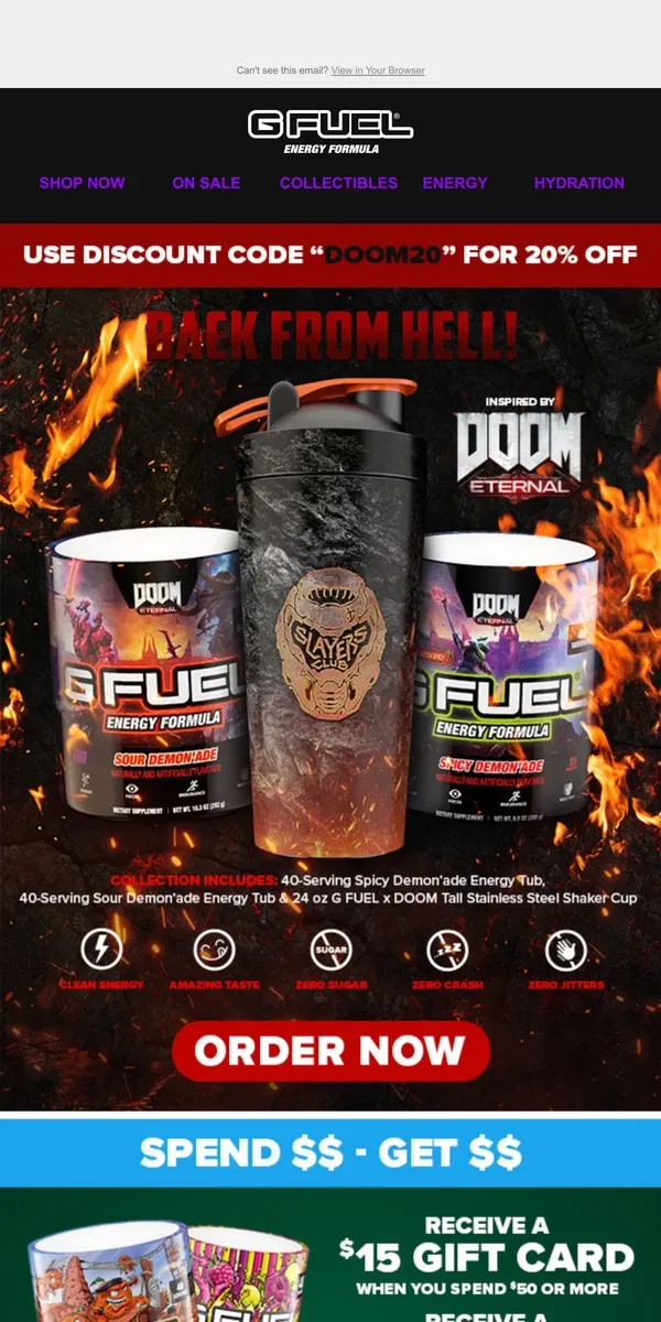 Email from G FUEL. BACK FROM HELL Spicy AND Sour Demon’ade inspired by DOOM ☠️