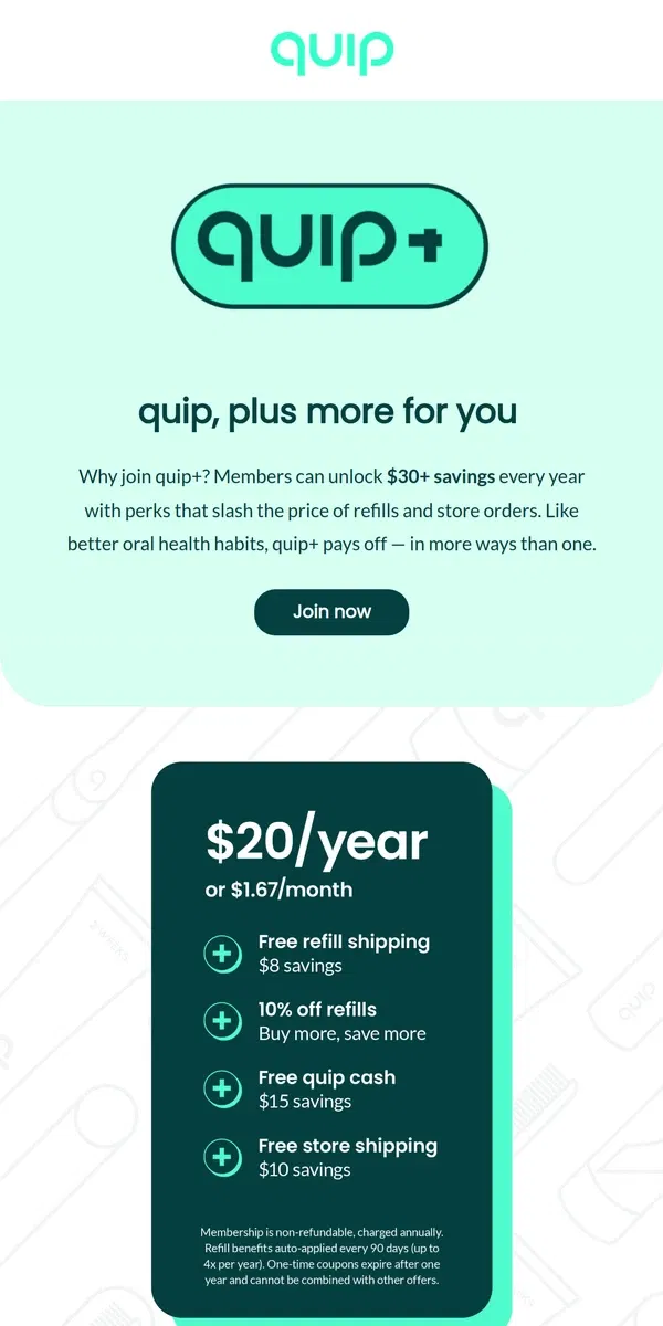 Email from quip. New! Introducing quip+ Membership