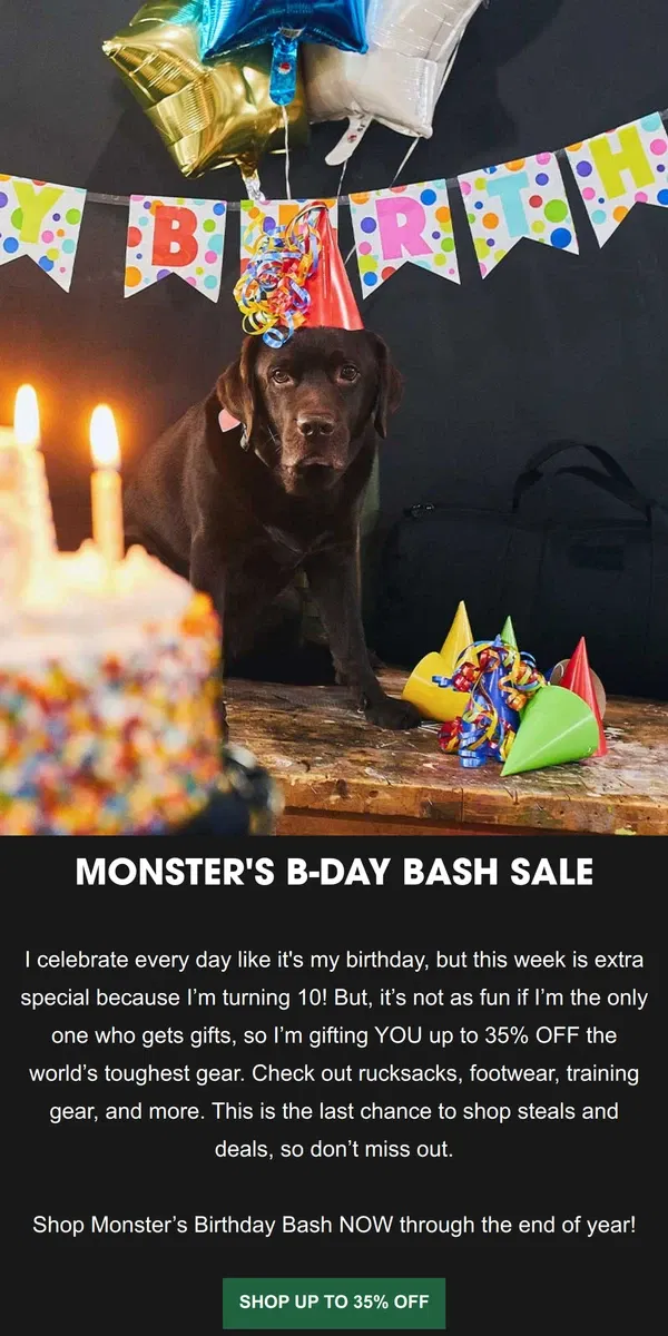 Email from GORUCK. Monster's B-Day Bash Sale