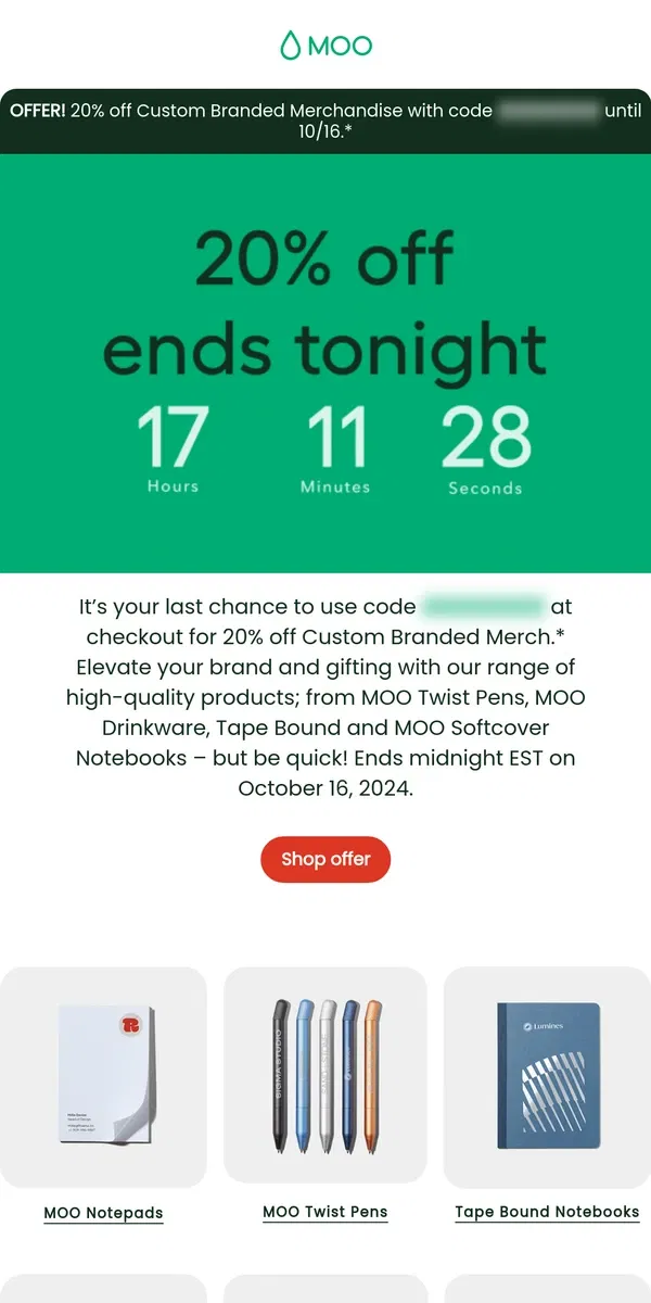 Email from MOO. ⭐ Last chance for 20% off Custom Branded merch