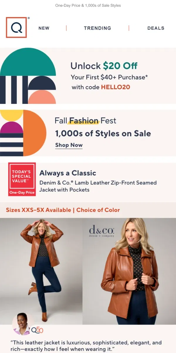 Email from QVC. Take $20 Off + One-Day Price