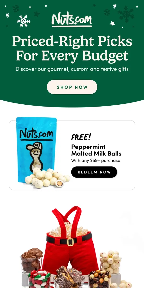 Email from Nuts.com. Holiday Gifts For Every Budget 🎁