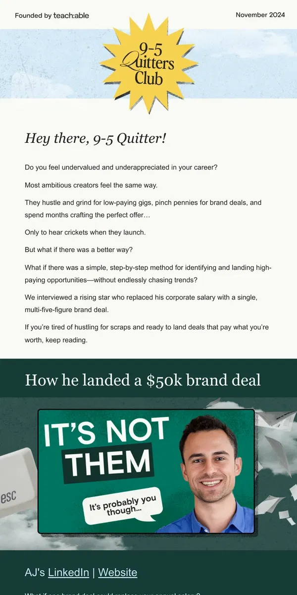 Email from Teachable. How he landed a $50k brand deal 😲