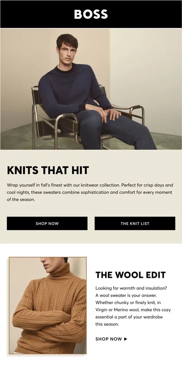 Email from HUGO BOSS. Sweater Season Unlocked