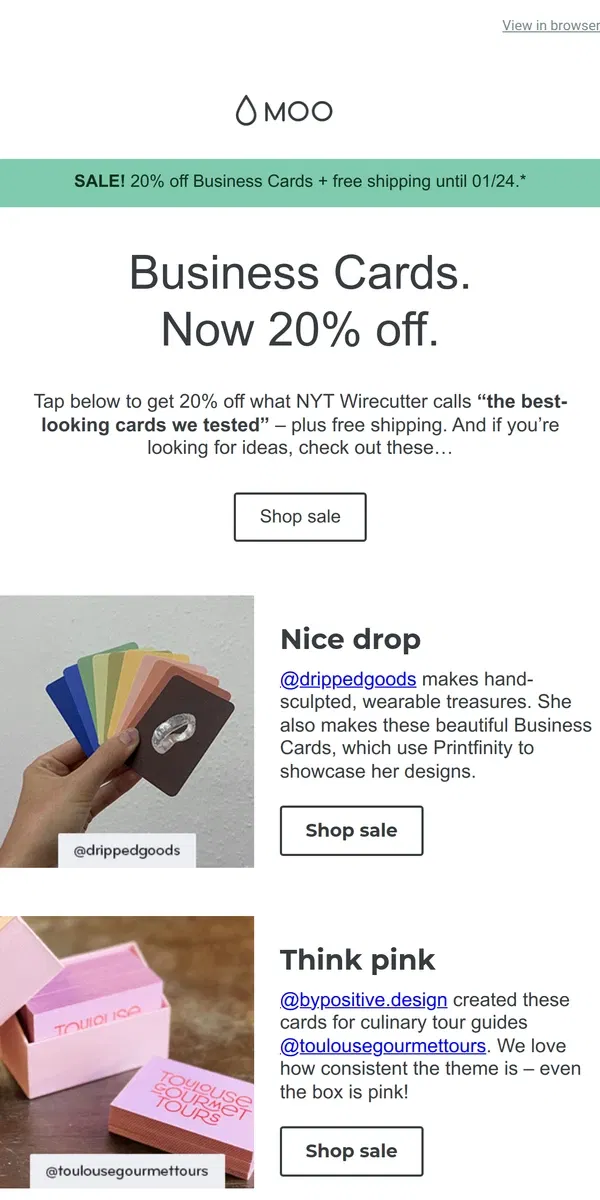 Email from MOO. 🔥 Get 20% of Business Cards like THIS