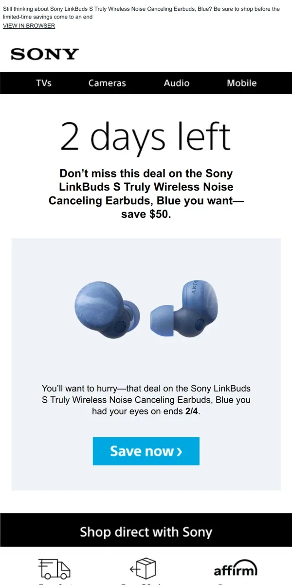 Email from Sony. Savings End Soon | Get What You Wanted for $50 Off