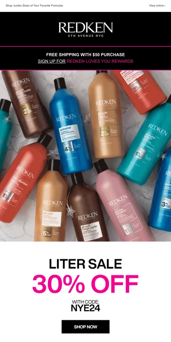 Email from Redken. Happy Holidays! 30% Off Liters