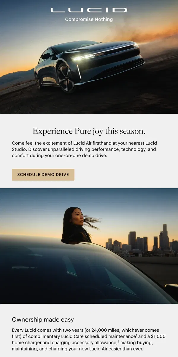 Email from Lucid Motors. Experience Pure joy this season.