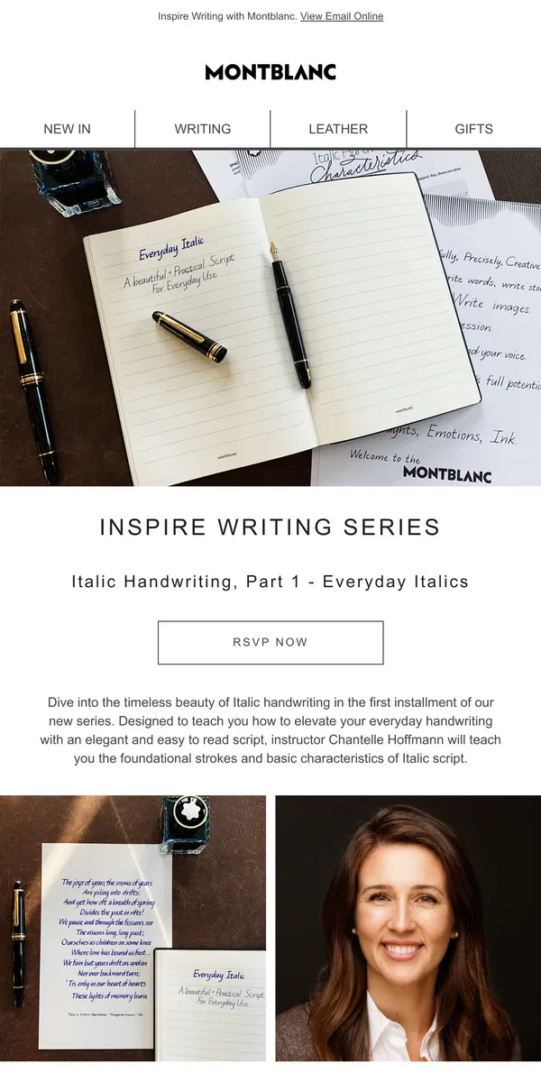 Email from Montblanc. Join our next Inspire Writing class, Italic Handwriting, Part 1 - Everyday Italics