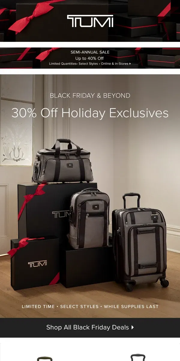 Email from Tumi. Holiday Savings: Up to 40% Off