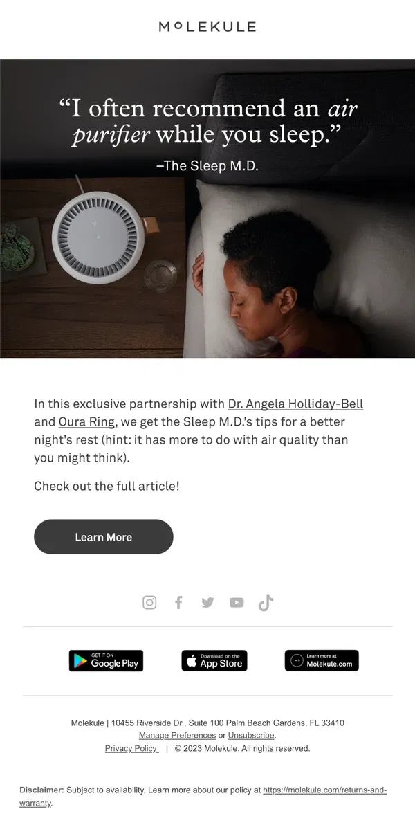 Email from Molekule. Understand the connection between indoor air quality & sleep 😴