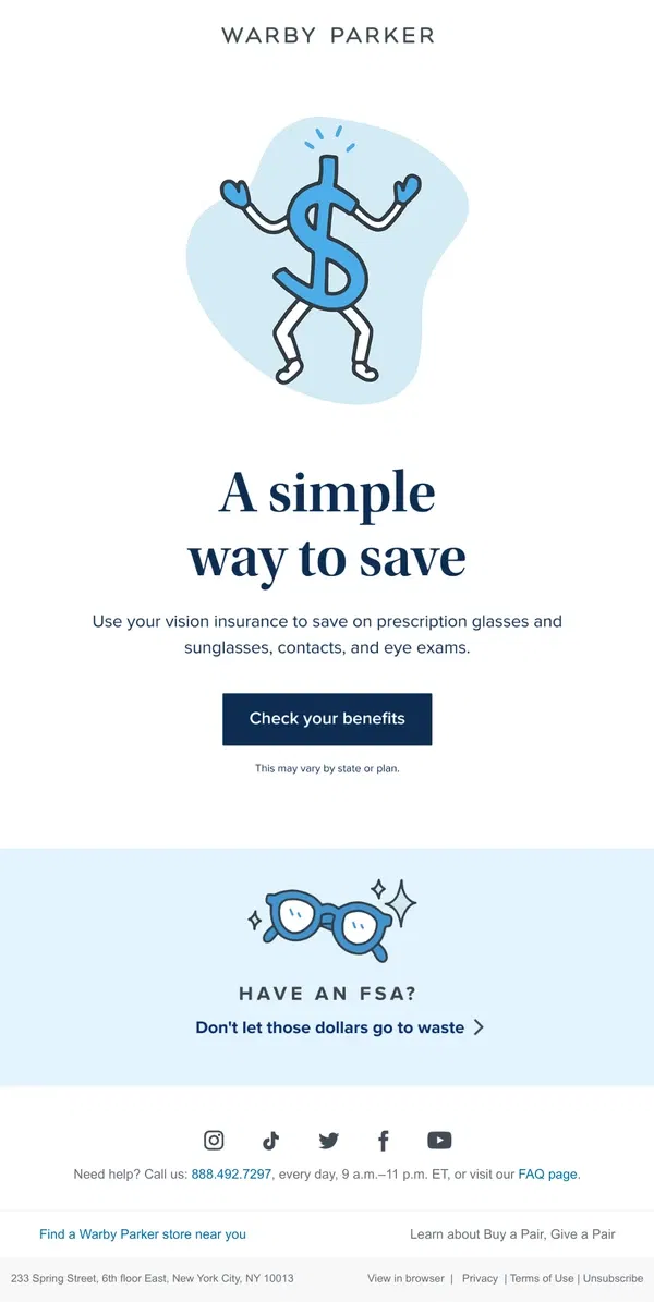 Email from Warby Parker. Save with vision insurance