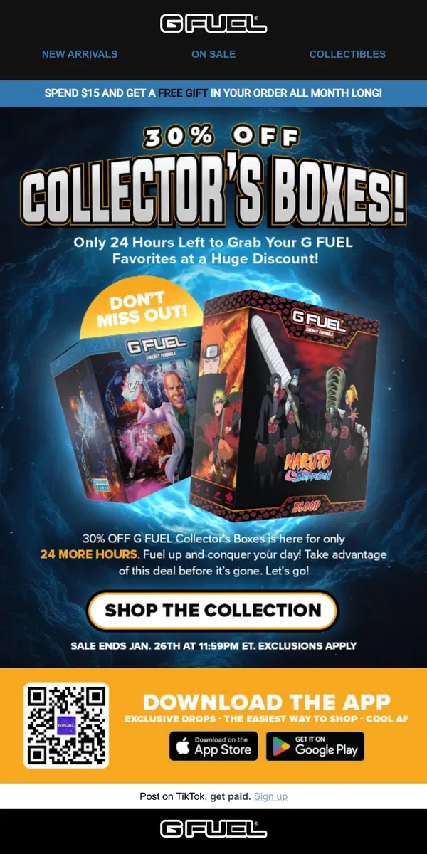 Email from G FUEL. ⏰ Hurry! 30% OFF Collector’s Boxes Ends in 24 Hours!