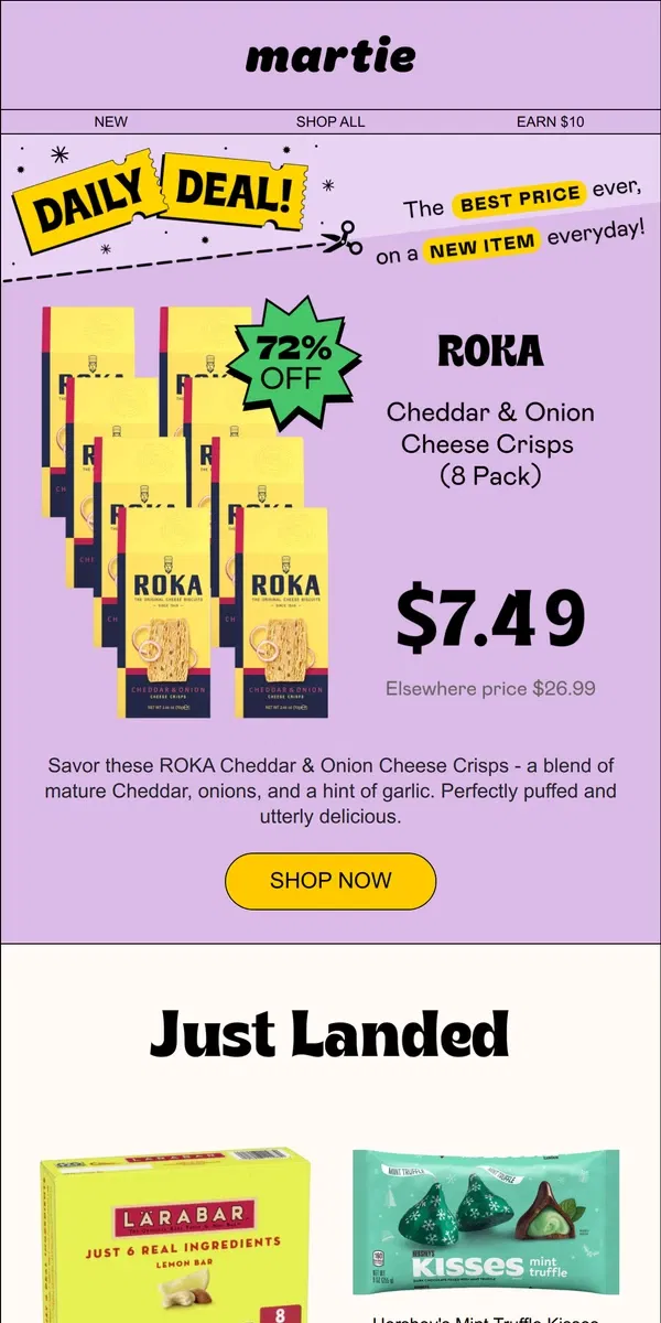 Email from Martie. 👏 30 Deals Just Landed! Larabar, Hershey's & MORE! | 72% OFF ROKA Cheese Crisps