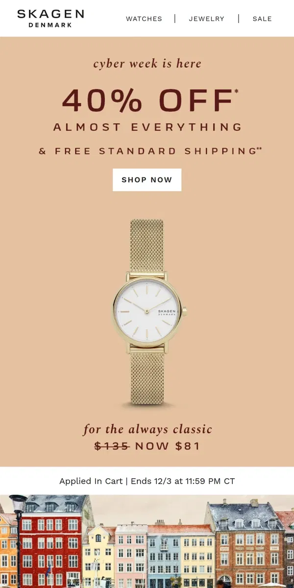 Email from Skagen. 40% off cyber week deal