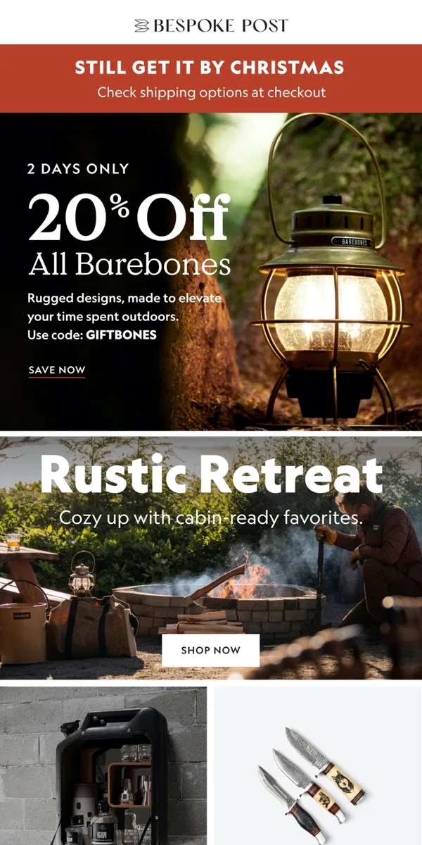 Email from Bespoke Post. 20% Off All Barebones: Up Your Outdoor Gear