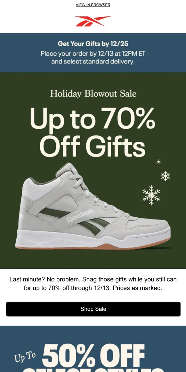 Email from Reebok. Holiday Blowout Sale: Up to 70% off gifts 👏