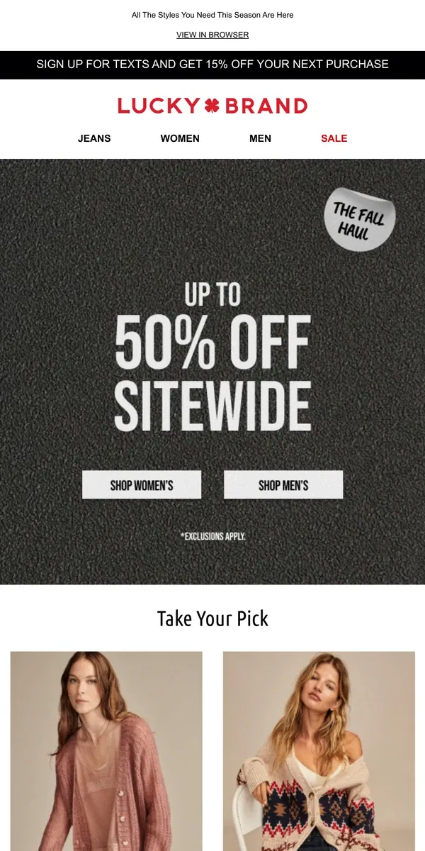 Email from Lucky Brand. New Faves, On Sale: Up To 50% Off