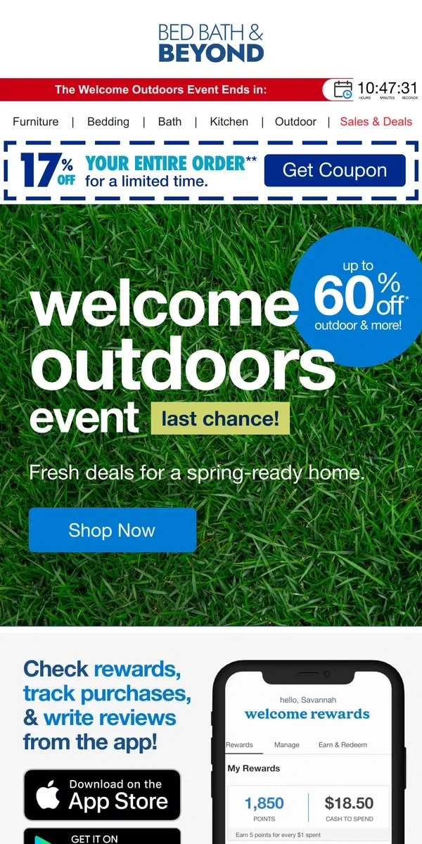 Email from Bed Bath & Beyond. Only a Few Hours Left for 60% Off!