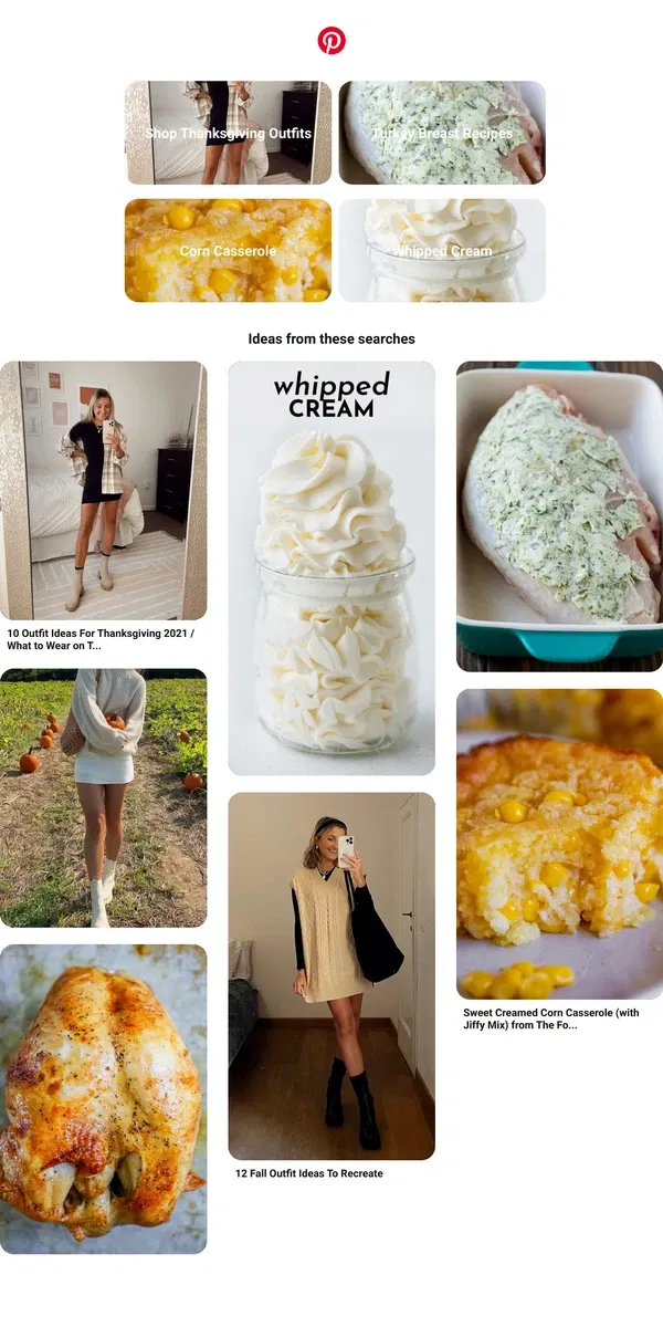 Email from Pinterest. "Thanksgiving Outfits" and more