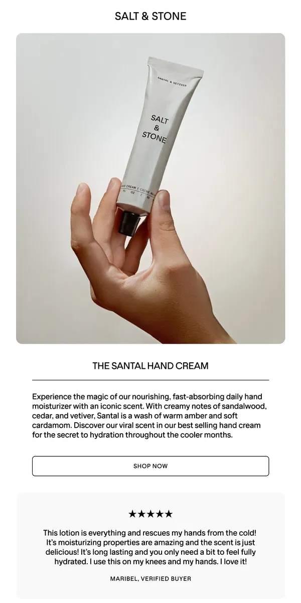 Email from SALT & STONE. The Santal Hand Cream