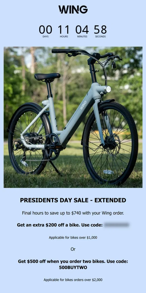 Email from Wing Bikes. PRESIDENTS DAY SALE - EXTENDED