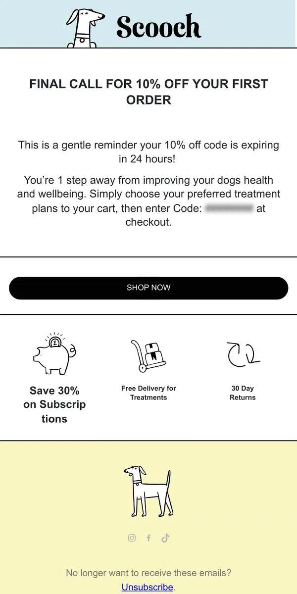 Email from Scooch. Quick: Your 10% off offer is ending