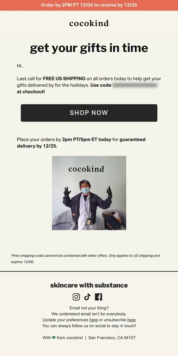 Email from cocokind. LAST CHANCE: Free shipping