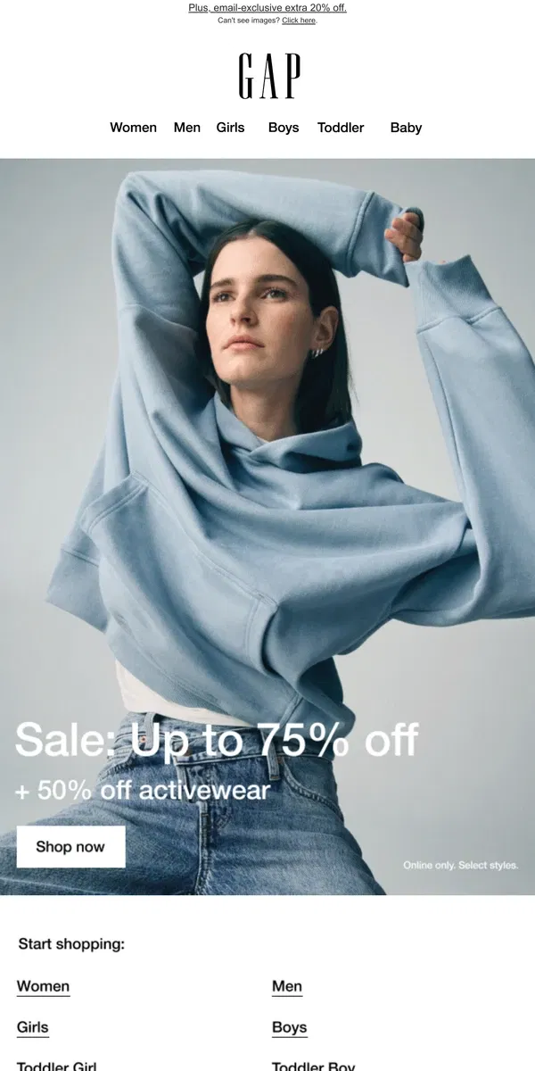 Email from GAP. Re: *half off* activewear is happening now + up 75% off more