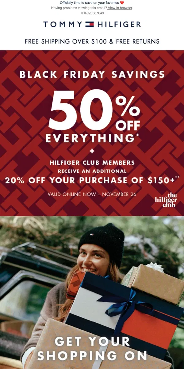 Email from Tommy Hilfiger. Black Friday shopping is on! 50% off EVERYTHING