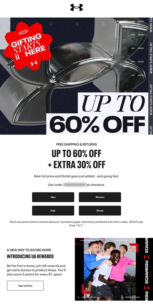 Email from Under Armour. Just In: Up to 60% off + Extra 30% off