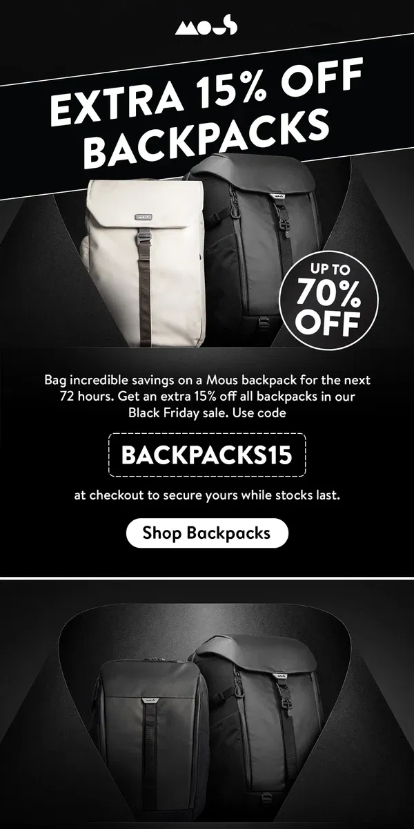 Email from Mous. Black Friday: up to 70% off everything