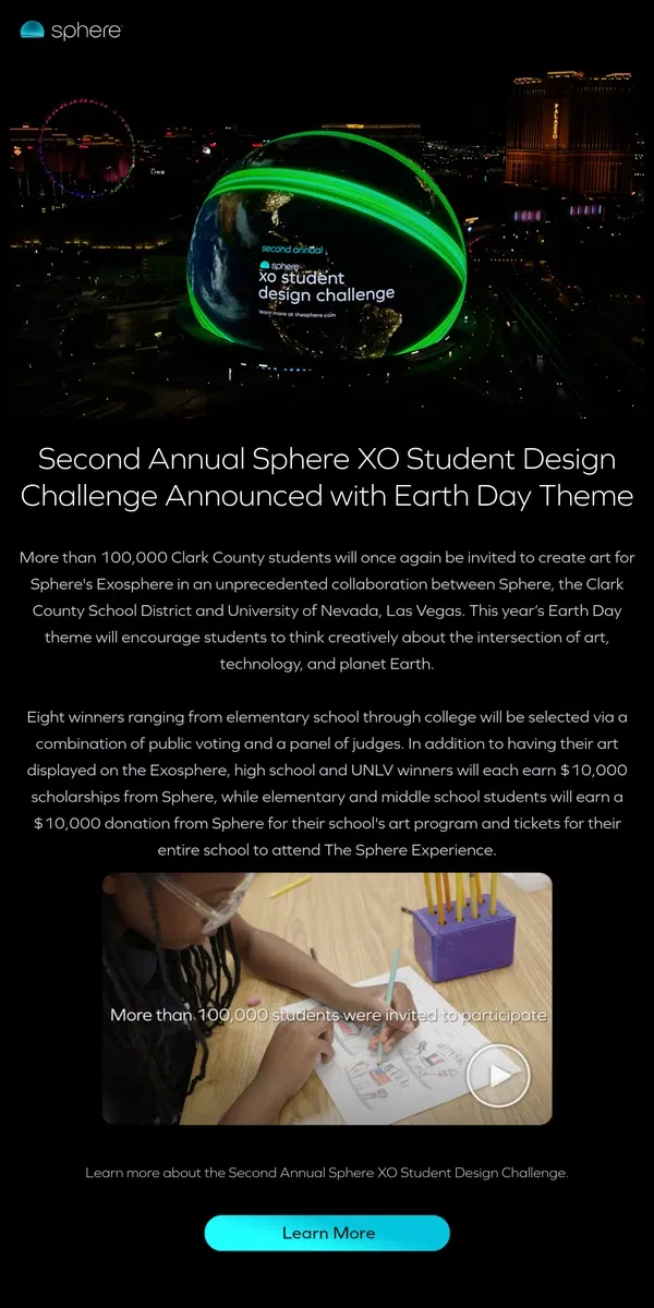 Email from Sphere. Announcing the Second Annual Sphere XO Student Design Challenge