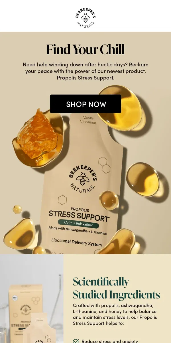 Email from Beekeeper's Naturals. Unwrap Our New Stress Support So You Can Unwind