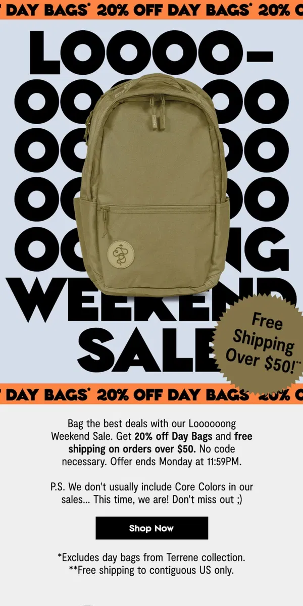 Email from Baboon To The Moon. REMINDER: 20% OFF DAY BAGS