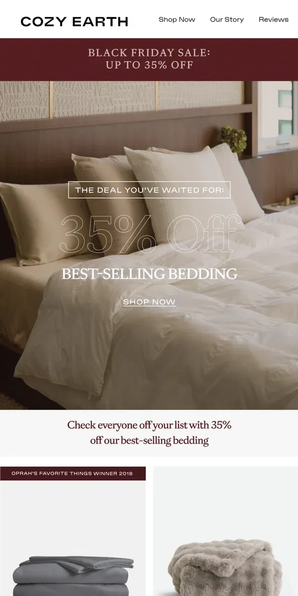 Email from Cozy Earth. IT'S HERE: 35% Off All Bedding ✨