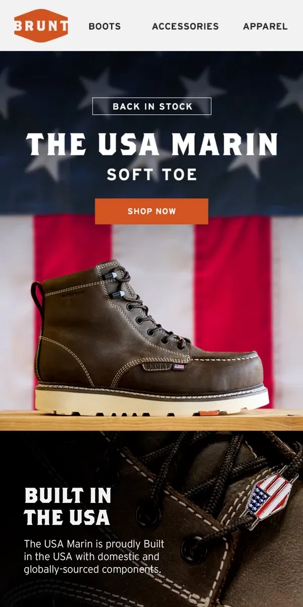 Email from BRUNT Workwear. 🇺🇸 USA MARIN IS BACK