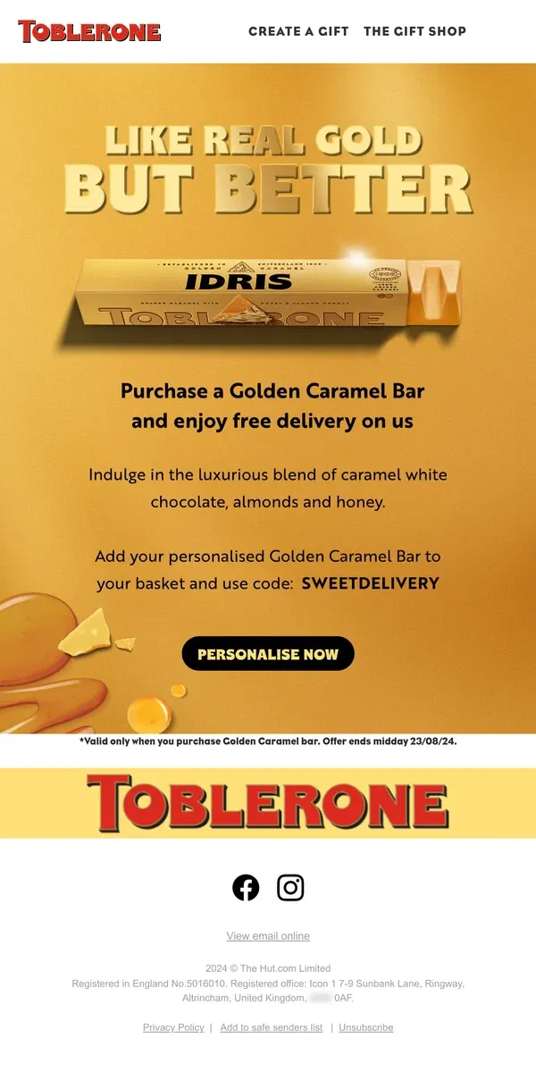 Email from Toblerone. Just for you – Free delivery with a Golden Bar 🌟