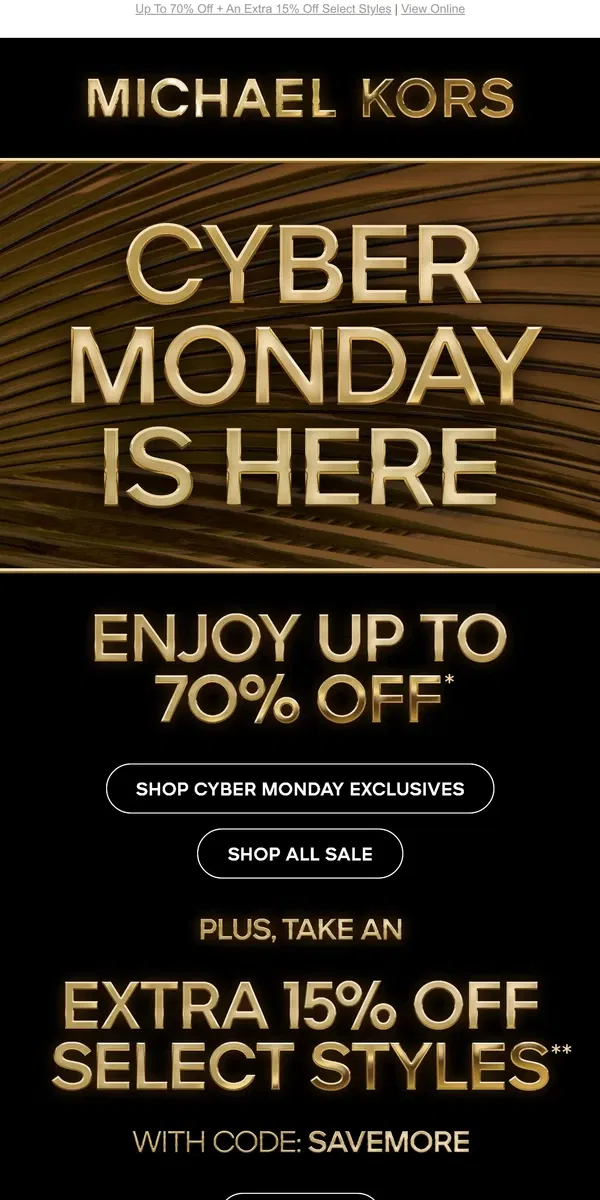 Email from Michael Kors. Final Day: The Cyber Monday Sale