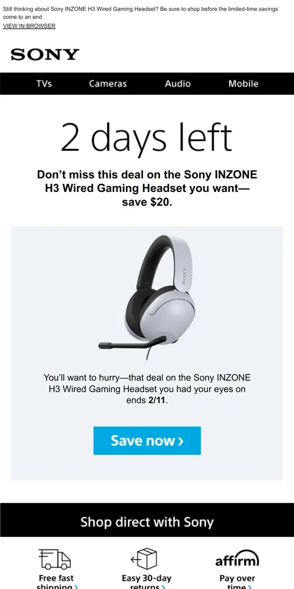 Email from Sony. Savings End Soon | Get What You Wanted for $20 Off