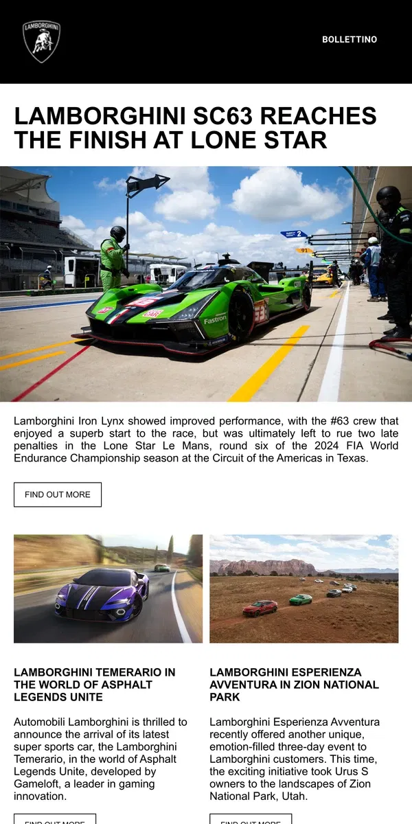 Email from Lamborghini. Lamborghini SC63 reaches the finish at Lone Star