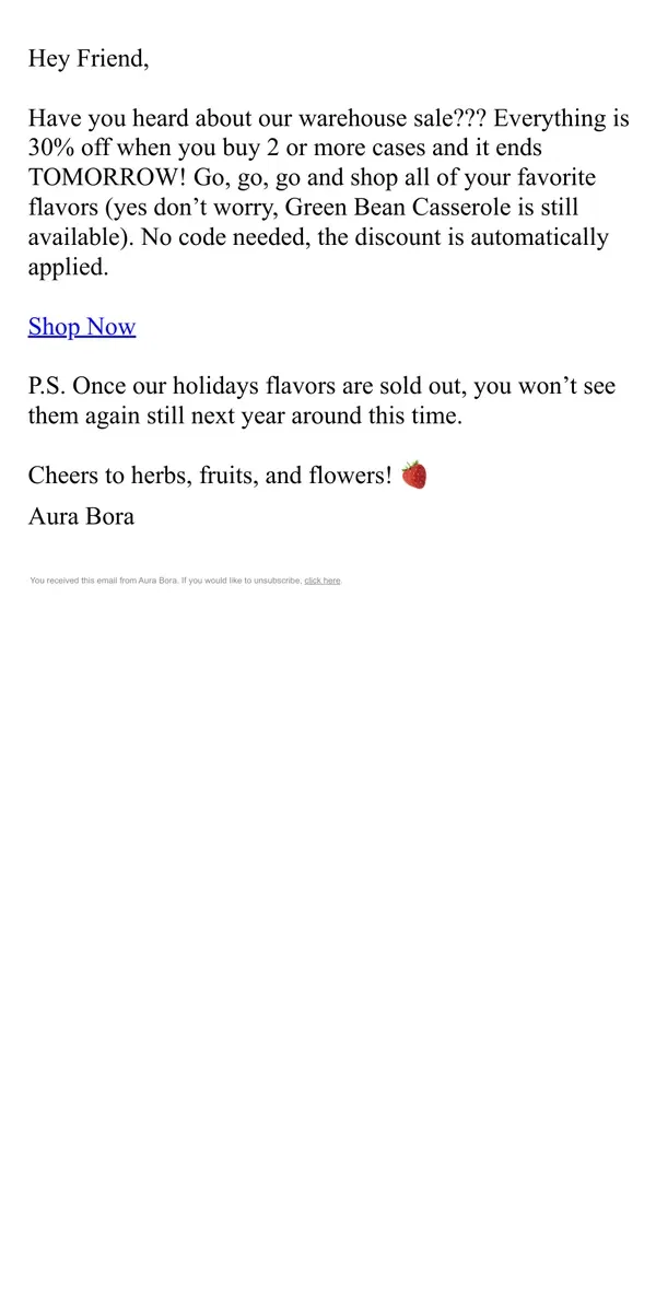 Email from Aura Bora. Warehouse Sale is live! 🤑