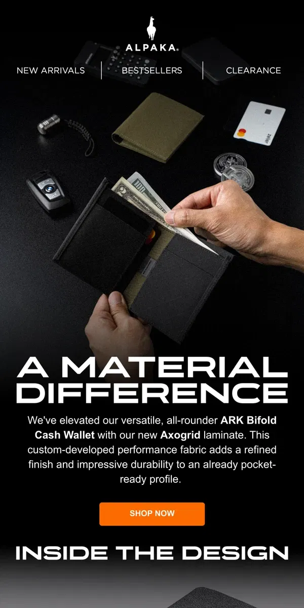 Email from ALPAKA. [NEW] ARK Bifold Cash Wallet in AXOGRID.