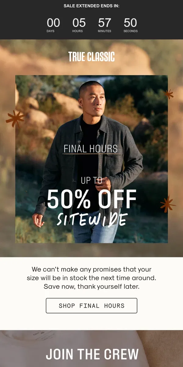 Email from True Classic. 🚨 FINAL HOURS. UP TO 50% OFF. Get gifting.