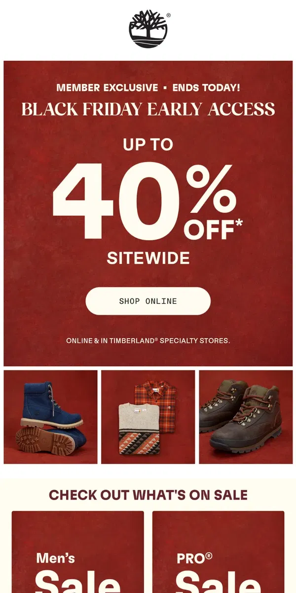 Email from Timberland. ENDS TONIGHT: Up to 40% Off Sale Early Access.