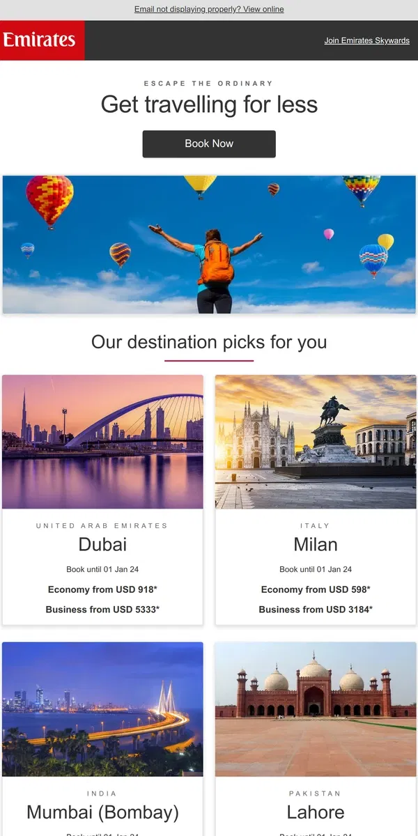 Email from Emirates. Travel the world in style with these special fares