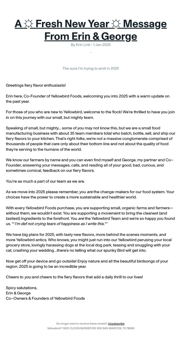 Email from Yellowbird. A Message From Our Founders 🤠