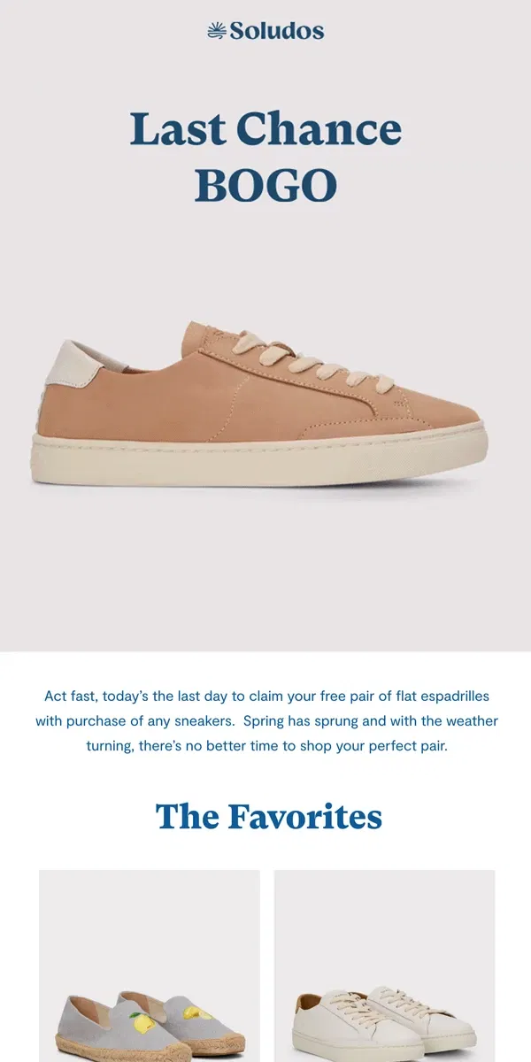 Email from Soludos. LAST DAY for Free Espadrilles